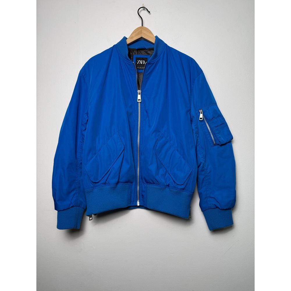 Zara Mens Electric Blue Bomber Jacket Full Zip Ruched Sleeve Size Medium